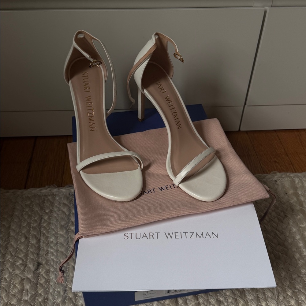 Stuart Weitzman White Ankle-Strap Stiletto Sandals